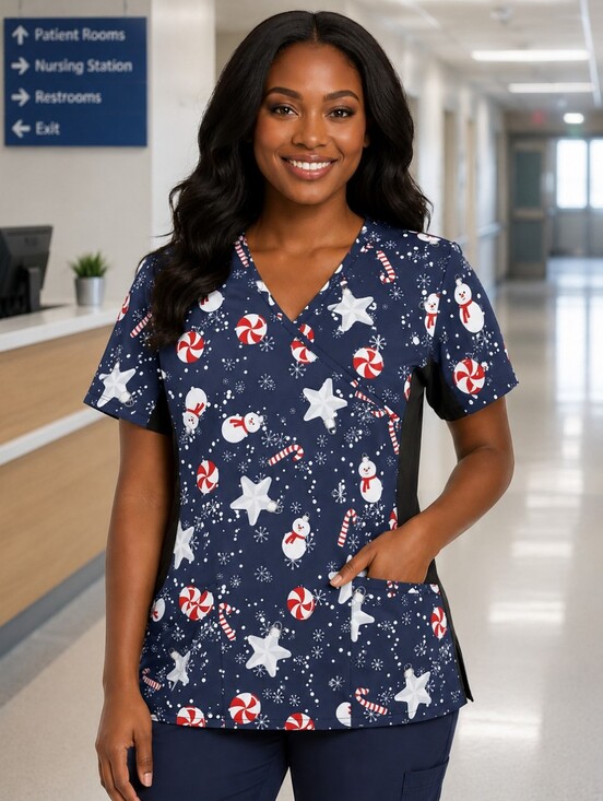 Revel Tops - REVEL MEDICAL SCRUB TOP - Navy, Red, White - Candy Canes Snowman SIZE Medium NWT
